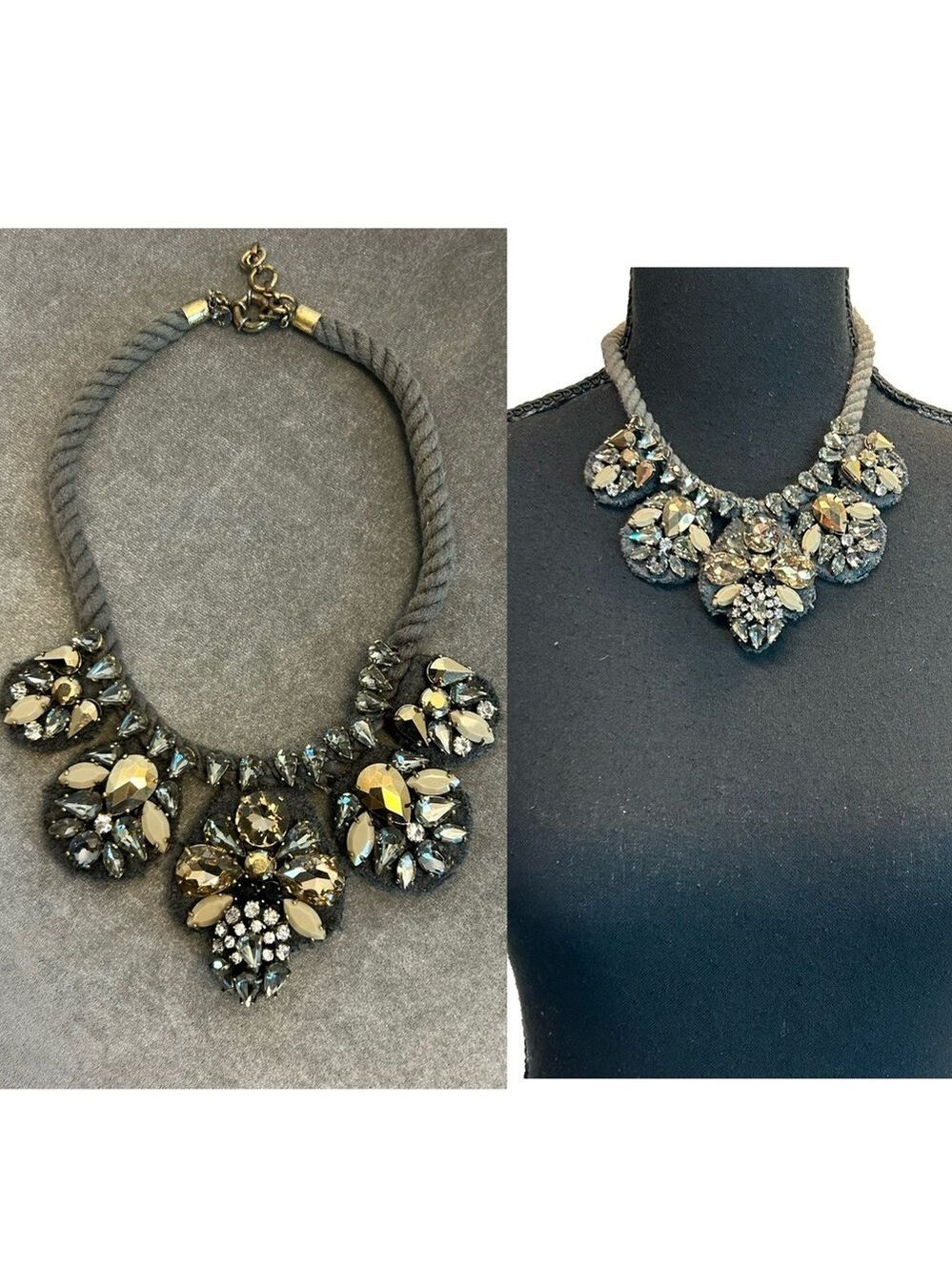 J.Crew Faceted Rhinestone Crystal Rope Bib Statement Necklace Amber gray silver